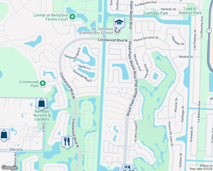 map of restaurants, bars, coffee shops, grocery stores, and more near 107 Conaskonk Circle in Royal Palm Beach