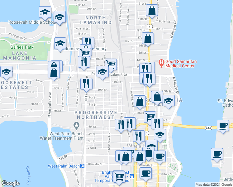 map of restaurants, bars, coffee shops, grocery stores, and more near 630 10th Street in West Palm Beach