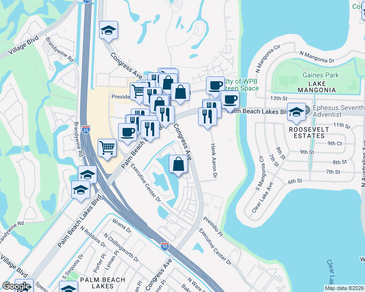 map of restaurants, bars, coffee shops, grocery stores, and more near 990 Millbrae Court in West Palm Beach