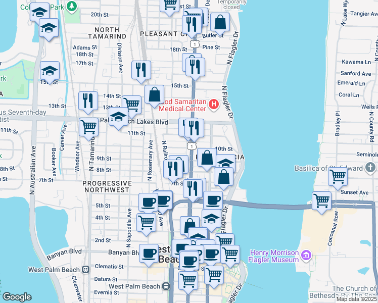 map of restaurants, bars, coffee shops, grocery stores, and more near 1023 North Dixie Highway in West Palm Beach