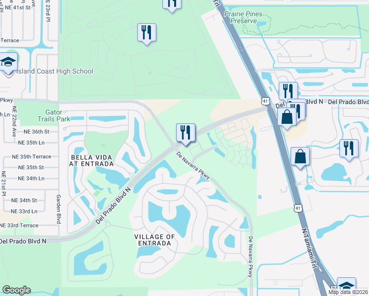 map of restaurants, bars, coffee shops, grocery stores, and more near 3571 Del Prado Boulevard North in Cape Coral