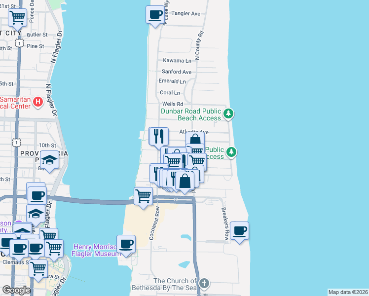 map of restaurants, bars, coffee shops, grocery stores, and more near 218 Everglade Avenue in Palm Beach