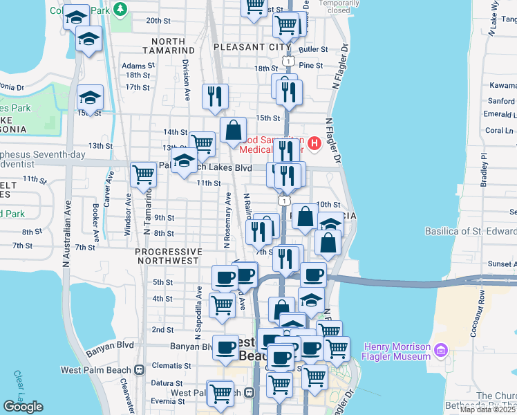map of restaurants, bars, coffee shops, grocery stores, and more near 438 10th Street in West Palm Beach