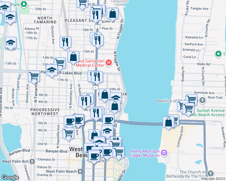 map of restaurants, bars, coffee shops, grocery stores, and more near 1101 North Flagler Drive in West Palm Beach