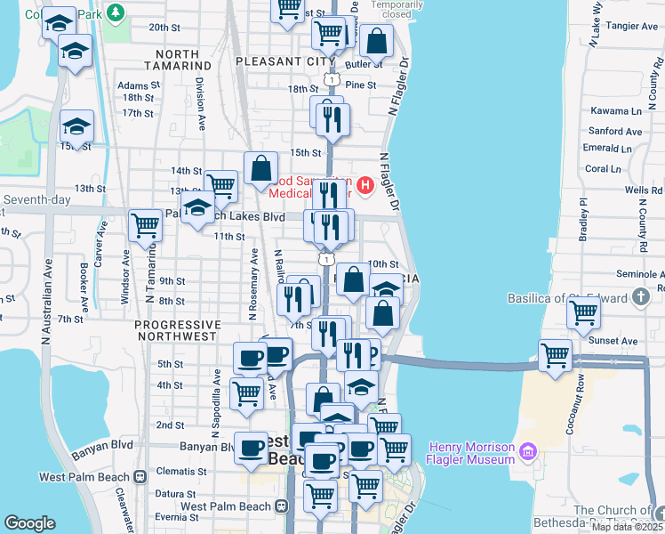 map of restaurants, bars, coffee shops, grocery stores, and more near 1023 North Dixie Highway in West Palm Beach