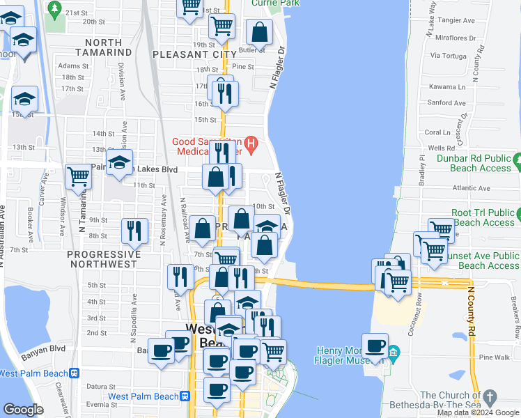 map of restaurants, bars, coffee shops, grocery stores, and more near 1101 North Flagler Drive in West Palm Beach
