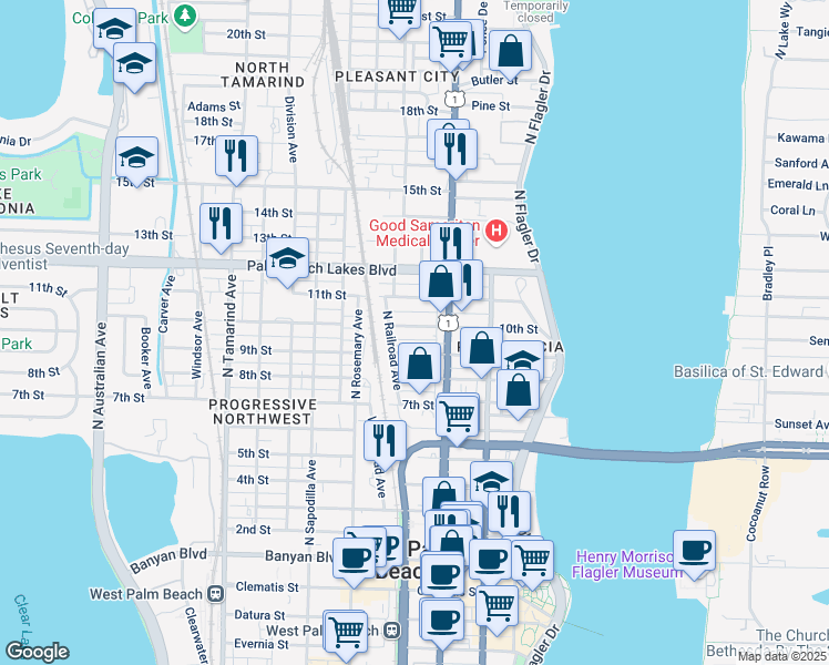 map of restaurants, bars, coffee shops, grocery stores, and more near 438 10th Street in West Palm Beach