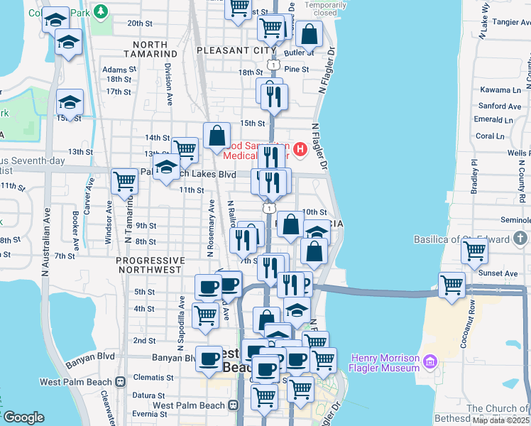 map of restaurants, bars, coffee shops, grocery stores, and more near 1023 North Dixie Highway in West Palm Beach
