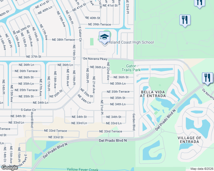 map of restaurants, bars, coffee shops, grocery stores, and more near 2206 Northeast 35th Lane in Cape Coral