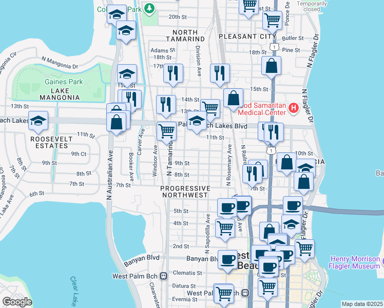 map of restaurants, bars, coffee shops, grocery stores, and more near 1013 Division Avenue in West Palm Beach