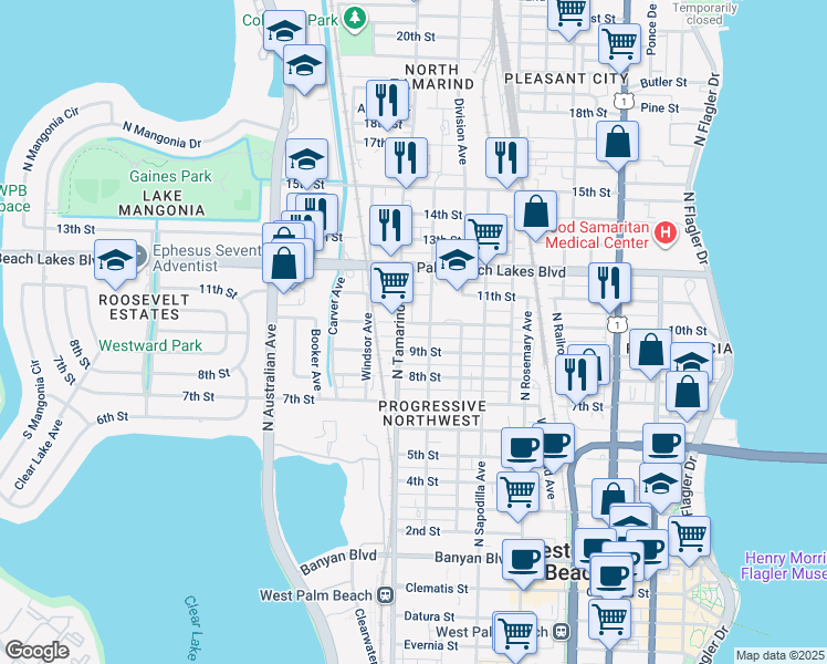 map of restaurants, bars, coffee shops, grocery stores, and more near 908 10th Street in West Palm Beach