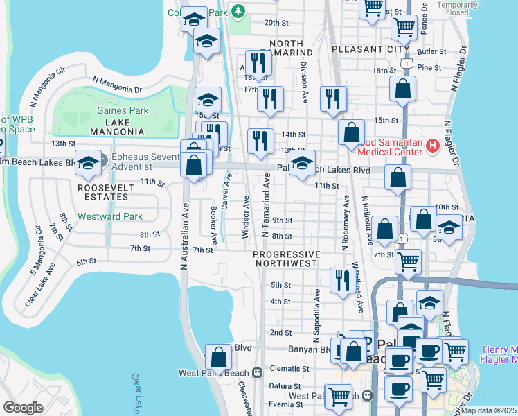 map of restaurants, bars, coffee shops, grocery stores, and more near 1018 10th Street in West Palm Beach