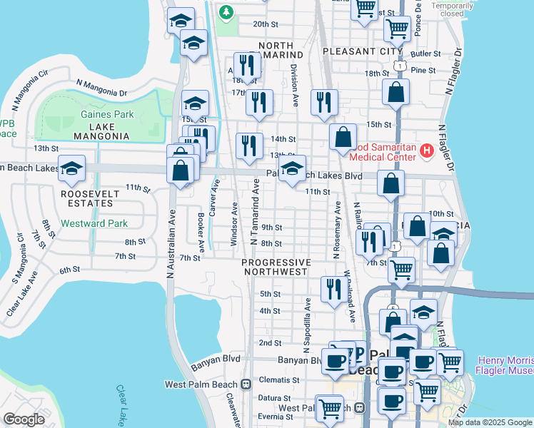 map of restaurants, bars, coffee shops, grocery stores, and more near 908 10th Street in West Palm Beach