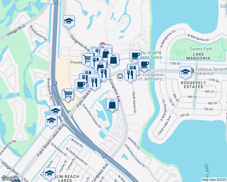 map of restaurants, bars, coffee shops, grocery stores, and more near 990 Millbrae Court in West Palm Beach