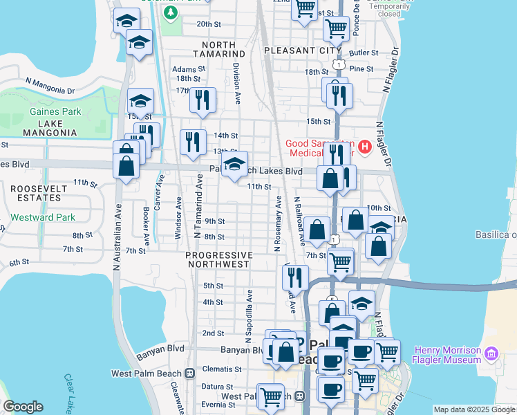 map of restaurants, bars, coffee shops, grocery stores, and more near 630 10th Street in West Palm Beach