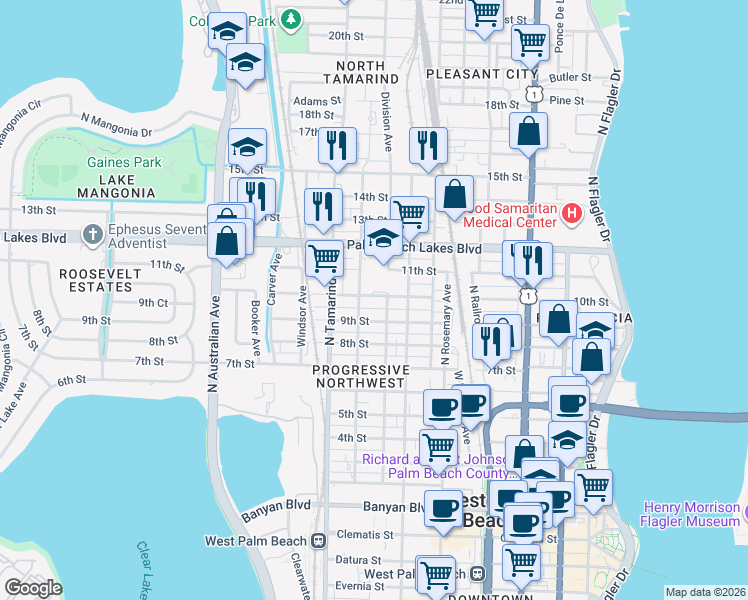 map of restaurants, bars, coffee shops, grocery stores, and more near 1013 Division Avenue in West Palm Beach