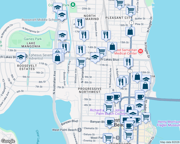 map of restaurants, bars, coffee shops, grocery stores, and more near 908 10th Street in West Palm Beach