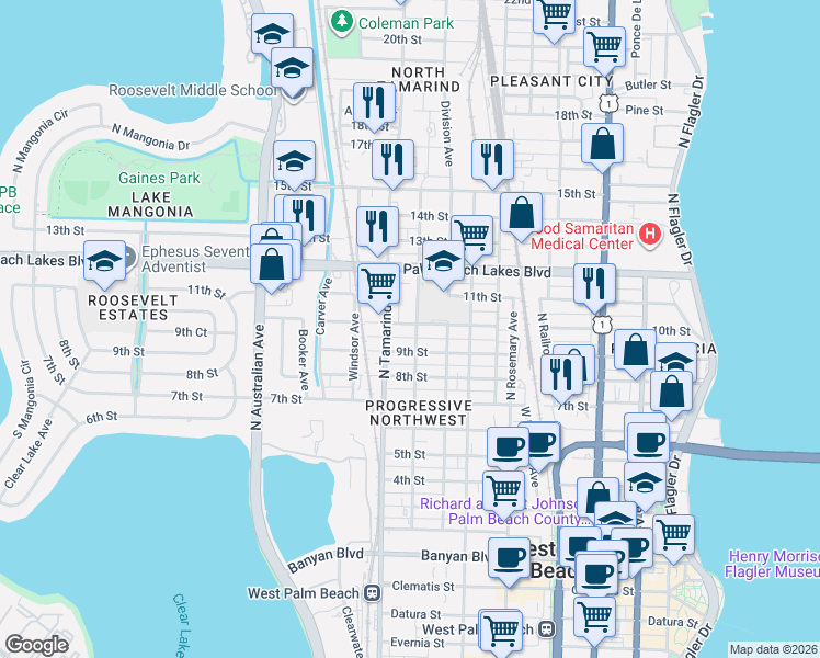 map of restaurants, bars, coffee shops, grocery stores, and more near 908 10th Street in West Palm Beach