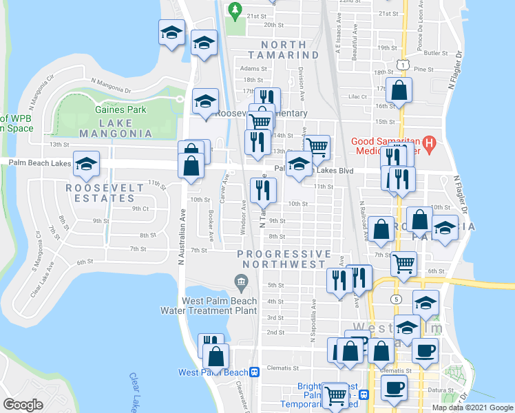 map of restaurants, bars, coffee shops, grocery stores, and more near 1018 10th Street in West Palm Beach