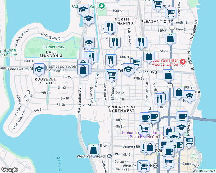 map of restaurants, bars, coffee shops, grocery stores, and more near 1018 10th Street in West Palm Beach