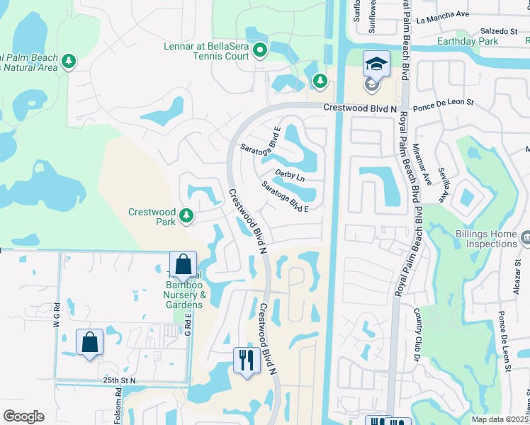 map of restaurants, bars, coffee shops, grocery stores, and more near 2523 Glendale Place in Royal Palm Beach