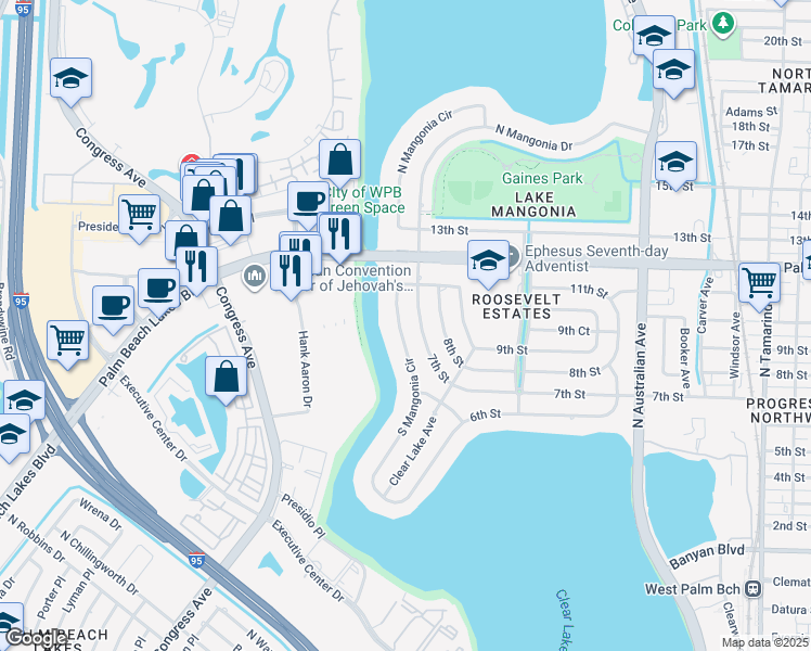 map of restaurants, bars, coffee shops, grocery stores, and more near 1014 South Mangonia Circle in West Palm Beach