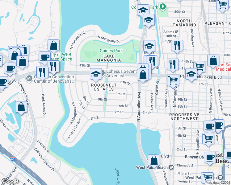 map of restaurants, bars, coffee shops, grocery stores, and more near 1367 9th Court in West Palm Beach
