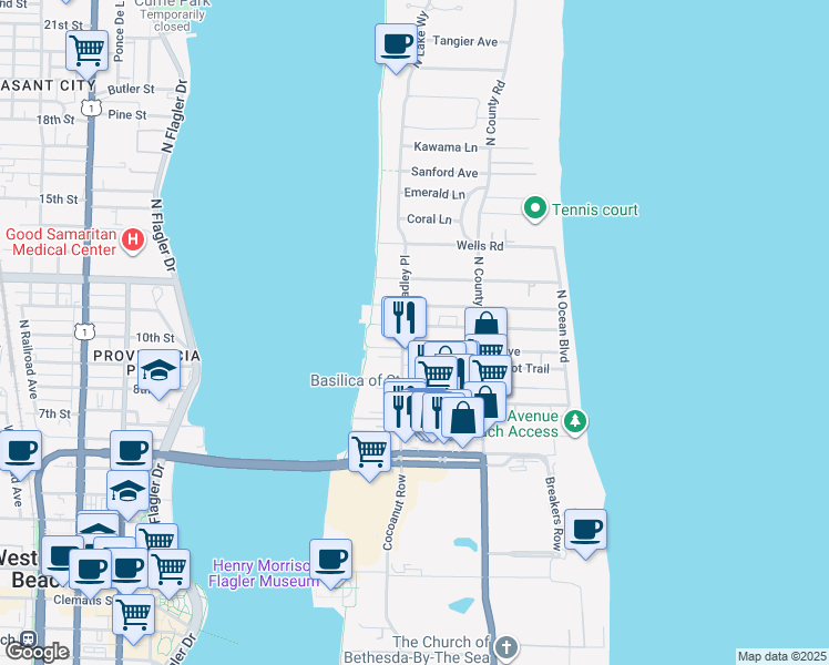 map of restaurants, bars, coffee shops, grocery stores, and more near 250 Everglade Avenue in Palm Beach