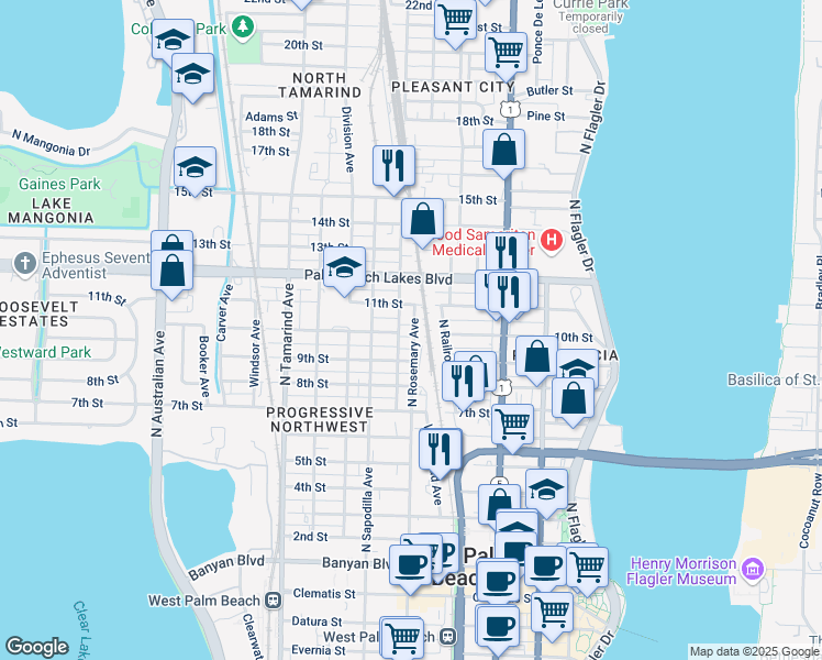 map of restaurants, bars, coffee shops, grocery stores, and more near 1103 North Rosemary Avenue in West Palm Beach