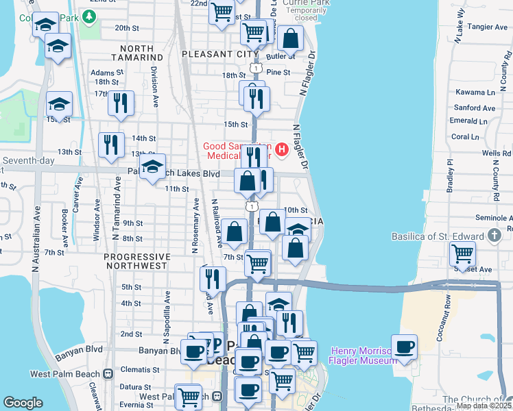 map of restaurants, bars, coffee shops, grocery stores, and more near 1023 North Dixie Highway in West Palm Beach