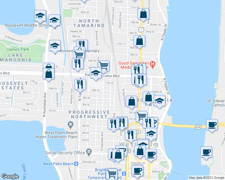 map of restaurants, bars, coffee shops, grocery stores, and more near 1103 North Rosemary Avenue in West Palm Beach