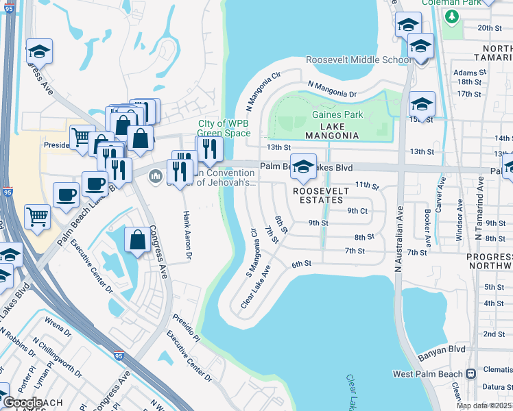 map of restaurants, bars, coffee shops, grocery stores, and more near 1014 South Mangonia Circle in West Palm Beach