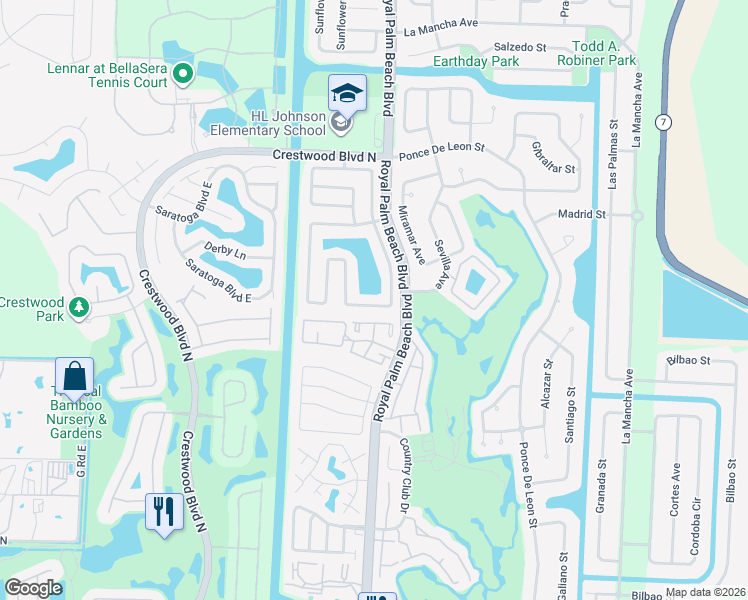 map of restaurants, bars, coffee shops, grocery stores, and more near 196 Parkwood Drive South in Royal Palm Beach