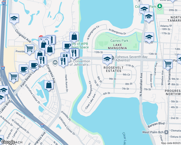 map of restaurants, bars, coffee shops, grocery stores, and more near 1014 South Mangonia Circle in West Palm Beach