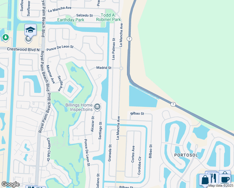 map of restaurants, bars, coffee shops, grocery stores, and more near 264 La Mancha Avenue in West Palm Beach