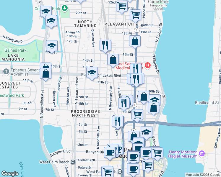 map of restaurants, bars, coffee shops, grocery stores, and more near 1103 North Rosemary Avenue in West Palm Beach