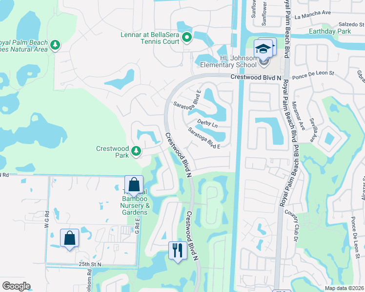 map of restaurants, bars, coffee shops, grocery stores, and more near 2523 Glendale Place in Royal Palm Beach