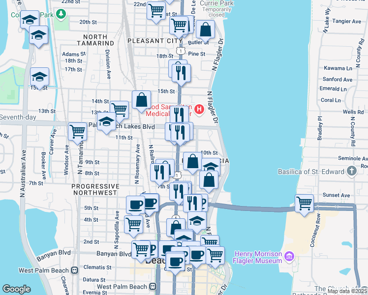 map of restaurants, bars, coffee shops, grocery stores, and more near 327 10th Street in West Palm Beach