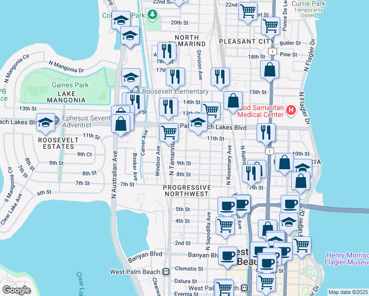 map of restaurants, bars, coffee shops, grocery stores, and more near 908 10th Street in West Palm Beach