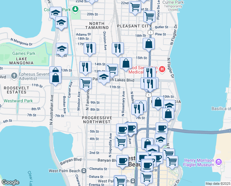 map of restaurants, bars, coffee shops, grocery stores, and more near 630 10th Street in West Palm Beach