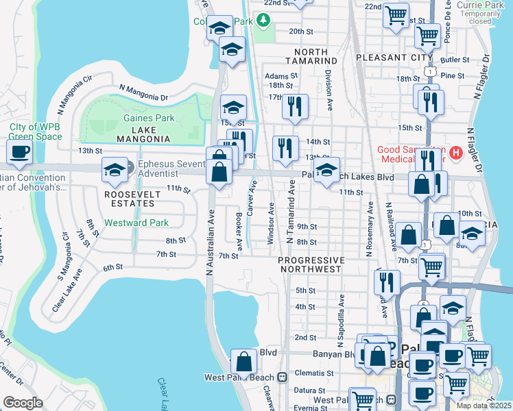 map of restaurants, bars, coffee shops, grocery stores, and more near 1122 10th Street in West Palm Beach