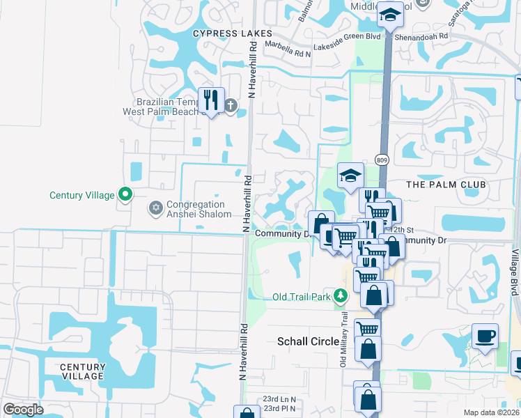 map of restaurants, bars, coffee shops, grocery stores, and more near 4855 Via Palm Lakes in West Palm Beach