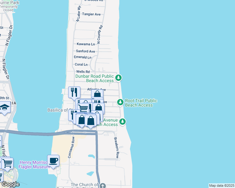 map of restaurants, bars, coffee shops, grocery stores, and more near 120 Everglade Avenue in Palm Beach