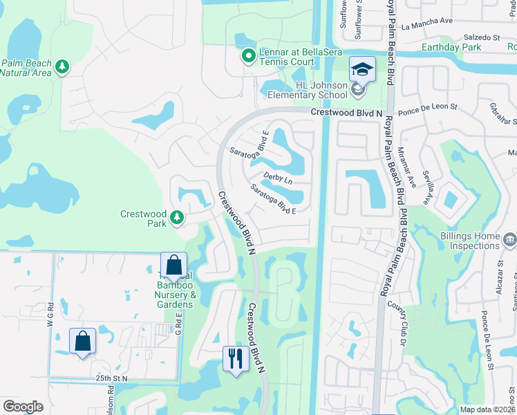 map of restaurants, bars, coffee shops, grocery stores, and more near 2523 Glendale Place in Royal Palm Beach