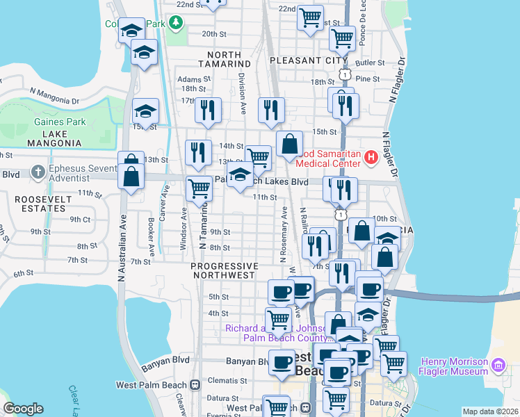 map of restaurants, bars, coffee shops, grocery stores, and more near 630 10th Street in West Palm Beach