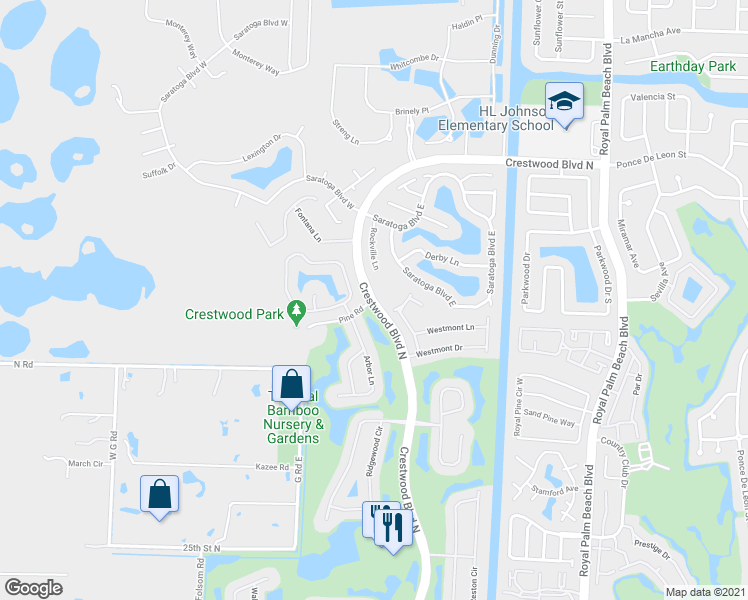map of restaurants, bars, coffee shops, grocery stores, and more near Crestwood Blvd N & Pine Rd in Royal Palm Beach
