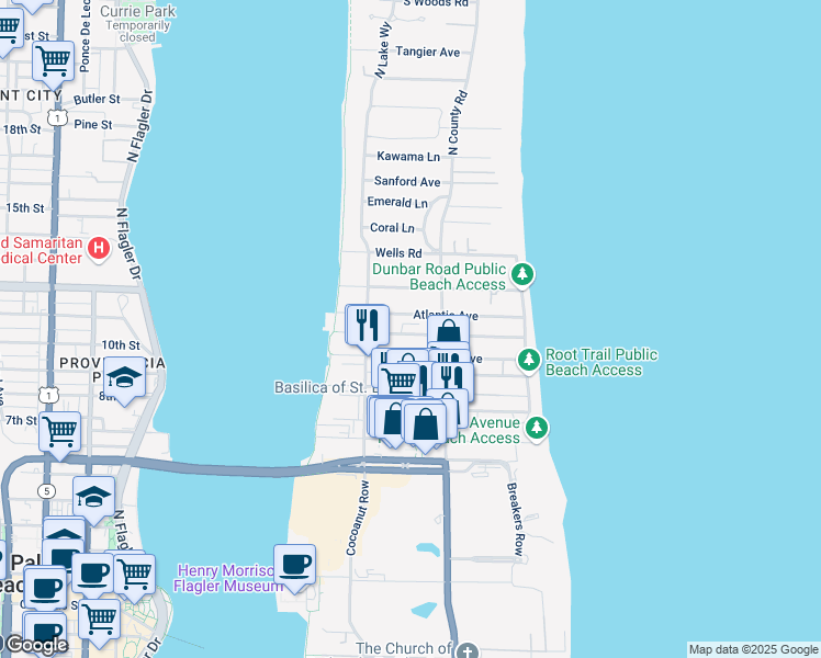 map of restaurants, bars, coffee shops, grocery stores, and more near 218 Everglade Avenue in Palm Beach