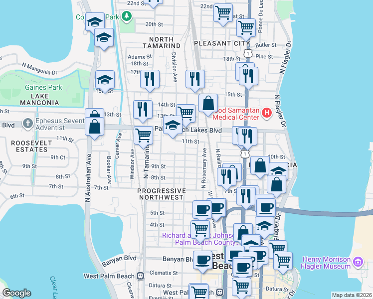 map of restaurants, bars, coffee shops, grocery stores, and more near 630 10th Street in West Palm Beach