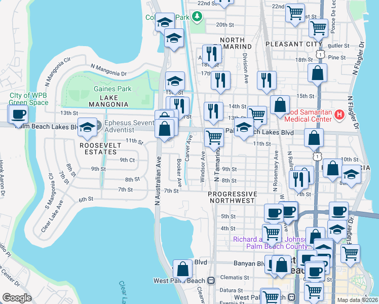 map of restaurants, bars, coffee shops, grocery stores, and more near 1122 10th Street in West Palm Beach