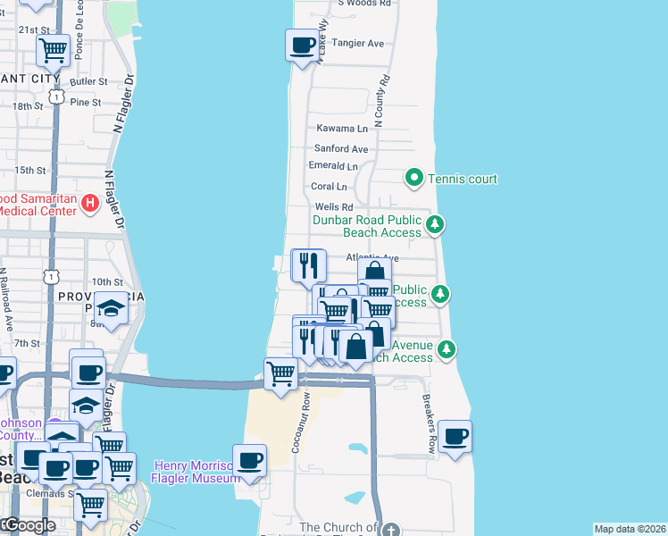 map of restaurants, bars, coffee shops, grocery stores, and more near 250 Everglade Avenue in Palm Beach